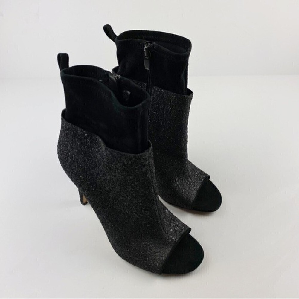Via Spiga Tarni Black Glitter High Heel Peep Toe Booties Size 7.5 - Picture 9 of 13